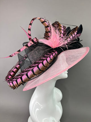LIGHT PINK HAT WITH BLACK BOW AND PINK FEATHERS - The Hat Hive