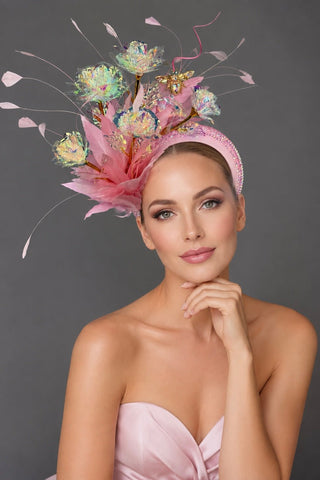 LIGHT PINK HEADBAND FASCINATOR WITH IRIDESCENT ROSES. - The Hat Hive