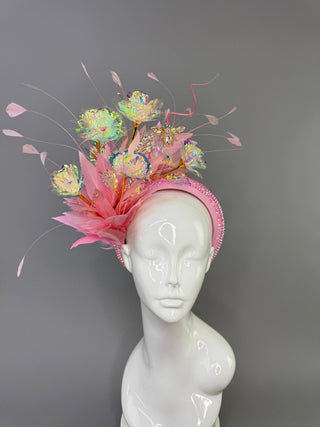 LIGHT PINK HEADBAND FASCINATOR WITH IRIDESCENT ROSES. - The Hat Hive