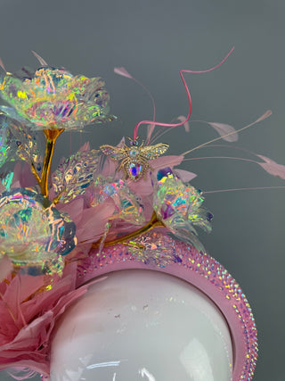 LIGHT PINK HEADBAND FASCINATOR WITH IRIDESCENT ROSES. - The Hat Hive