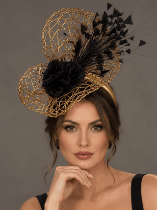 METALLIC GOLD & BLACK SHAPED FASCINATOR - The Hat Hive