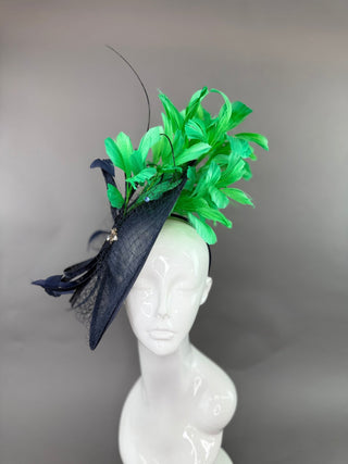 NAVY BLUE AND GREEN ROUND FASCINATOR - The Hat Hive