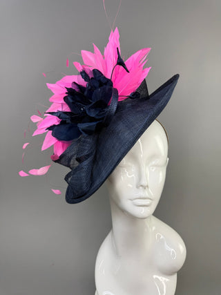 NAVY BLUE AND HOT PINK FASCINATOR - The Hat Hive