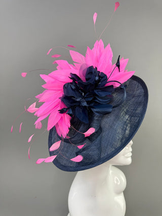 NAVY BLUE AND HOT PINK FASCINATOR - The Hat Hive