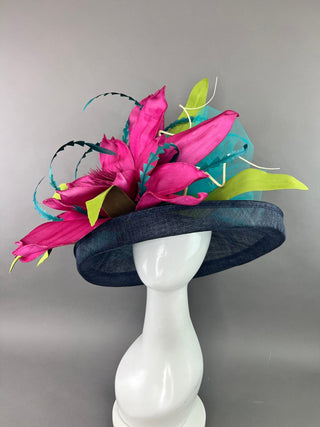 NAVY BLUE FLIPPED BRIM HAT WITH MAGENTA BLOOM - The Hat Hive