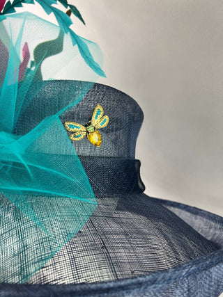 NAVY BLUE FLIPPED BRIM HAT WITH MAGENTA BLOOM - The Hat Hive