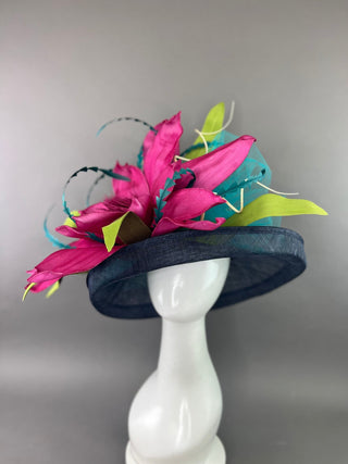 NAVY BLUE FLIPPED BRIM HAT WITH MAGENTA BLOOM - The Hat Hive