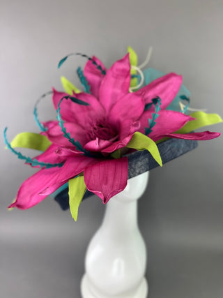 NAVY BLUE FLIPPED BRIM HAT WITH MAGENTA BLOOM - The Hat Hive