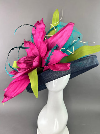 NAVY BLUE FLIPPED BRIM HAT WITH MAGENTA BLOOM - The Hat Hive