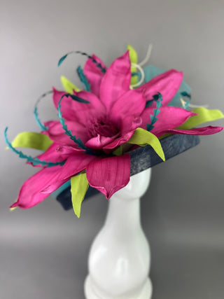 NAVY BLUE FLIPPED BRIM HAT WITH MAGENTA BLOOM - The Hat Hive