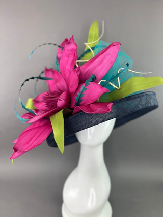 NAVY BLUE FLIPPED BRIM HAT WITH MAGENTA BLOOM - The Hat Hive