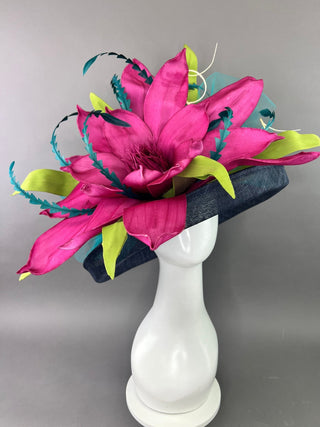 NAVY BLUE FLIPPED BRIM HAT WITH MAGENTA BLOOM - The Hat Hive