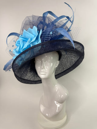NAVY BLUE FLIPPED BRIM WITH BABY BLUE ROSE KENTUCKY DERBY HAT - The Hat Hive