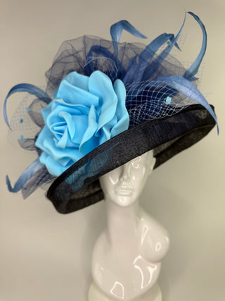 NAVY BLUE FLIPPED BRIM WITH BABY BLUE ROSE KENTUCKY DERBY HAT - The Hat Hive
