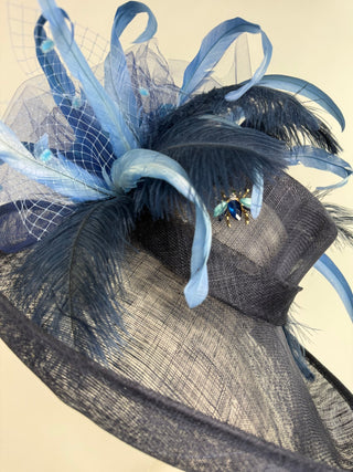 NAVY BLUE FLIPPED BRIM WITH BABY BLUE ROSE KENTUCKY DERBY HAT - The Hat Hive