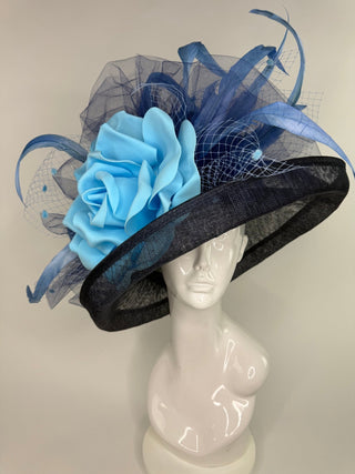 NAVY BLUE FLIPPED BRIM WITH BABY BLUE ROSE KENTUCKY DERBY HAT - The Hat Hive