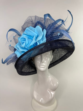 NAVY BLUE FLIPPED BRIM WITH BABY BLUE ROSE KENTUCKY DERBY HAT - The Hat Hive