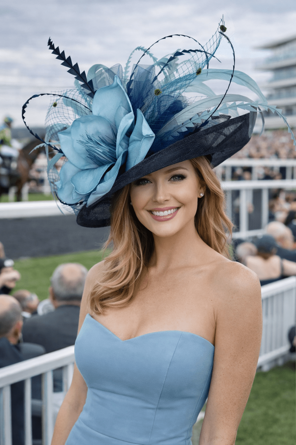 NAVY BLUE FLIPPED BRIM WITH TURQUOISE BLUE BLOOM KENTUCKY DERBY HAT NAVY BLUE FLIPPED BRIM WITH TURQUOISE BLUE BLOOM KENTUCKY DERBY HAT