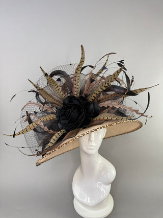 NUDE ANIMAL PRINT WIDE BRIM WITH BLACK ROSE - The Hat Hive