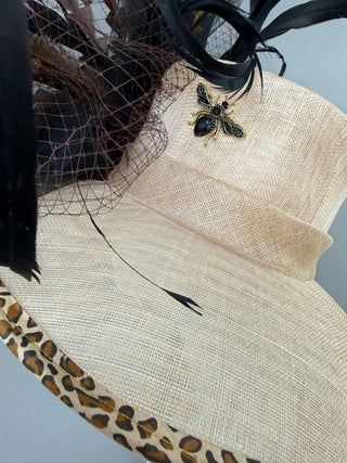 NUDE ANIMAL PRINT WIDE BRIM WITH BLACK ROSE - The Hat Hive