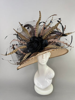 NUDE ANIMAL PRINT WIDE BRIM WITH BLACK ROSE - The Hat Hive
