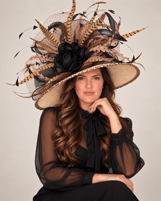 NUDE ANIMAL PRINT WIDE BRIM WITH BLACK ROSE - The Hat Hive