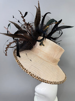 NUDE ANIMAL PRINT WIDE BRIM WITH BLACK ROSE - The Hat Hive