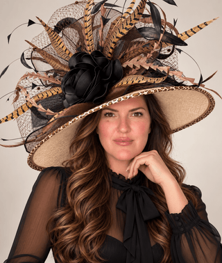 NUDE ANIMAL PRINT WIDE BRIM WITH BLACK ROSE - The Hat Hive