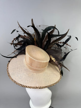 NUDE ANIMAL PRINT WIDE BRIM WITH BLACK ROSE - The Hat Hive