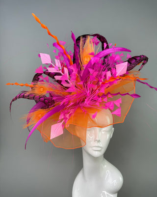 ORANGE AND FUCHSIA PINK CRINOLINE FASCINATOR DERBY HAT - The Hat Hive