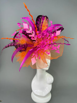 ORANGE AND FUCHSIA PINK CRINOLINE FASCINATOR DERBY HAT - The Hat Hive