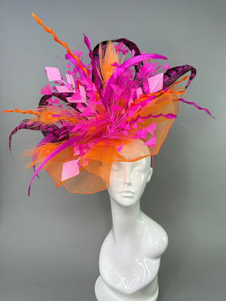 ORANGE AND FUCHSIA PINK CRINOLINE FASCINATOR DERBY HAT - The Hat Hive