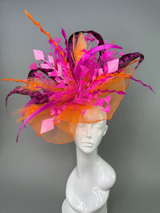ORANGE AND FUCHSIA PINK CRINOLINE FASCINATOR DERBY HAT - The Hat Hive
