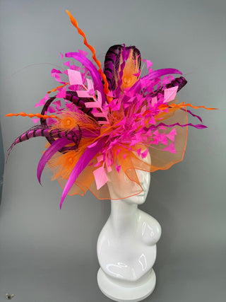 ORANGE AND FUCHSIA PINK CRINOLINE FASCINATOR DERBY HAT - The Hat Hive