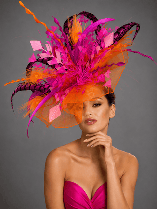 ORANGE AND FUCHSIA PINK CRINOLINE FASCINATOR DERBY HAT - The Hat Hive