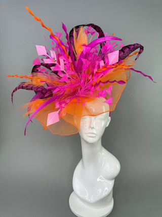 ORANGE AND FUCHSIA PINK CRINOLINE FASCINATOR DERBY HAT - The Hat Hive