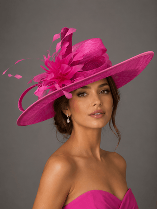 PINK FLIPPED BRIM KENTUCKY DERBY HAT WITH FEATHER FLOWER - The Hat Hive
