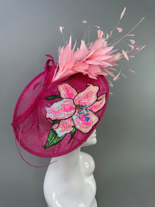 PINK LILLY FLORAL FEATHER FASCINATOR WITH LILLY SEQUIN APPLIQUÉ - The Hat Hive