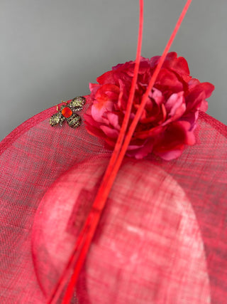 RED HATINATOR WITH RED AND MAGENTA BLOOMS. - The Hat Hive