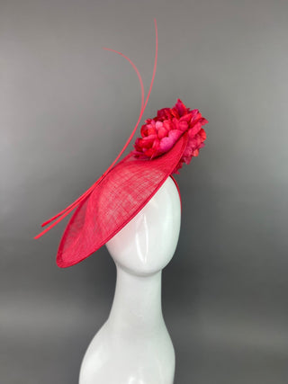 RED HATINATOR WITH RED AND MAGENTA BLOOMS. - The Hat Hive