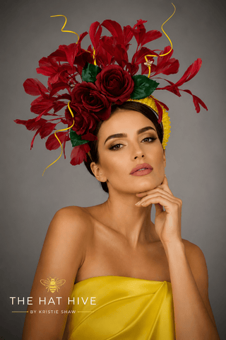 RED ROSE YELLOW CHUNKY HEADBAND FASCINATOR - The Hat Hive