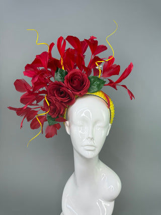 RED ROSE YELLOW CHUNKY HEADBAND FASCINATOR - The Hat Hive