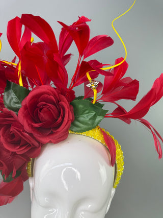 RED ROSE YELLOW CHUNKY HEADBAND FASCINATOR - The Hat Hive