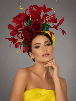 RED ROSE YELLOW CHUNKY HEADBAND FASCINATOR - The Hat Hive