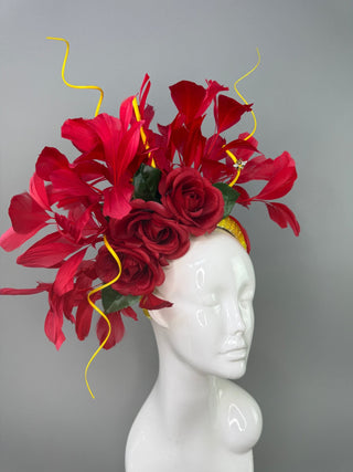 RED ROSE YELLOW CHUNKY HEADBAND FASCINATOR - The Hat Hive