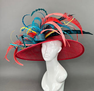 RED WIDE BRIM WITH TEAL BOW AND FEATHERS. - The Hat Hive