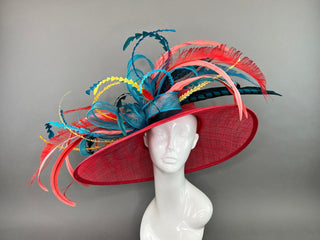 RED WIDE BRIM WITH TEAL BOW AND FEATHERS. - The Hat Hive