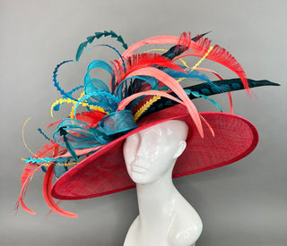 RED WIDE BRIM WITH TEAL BOW AND FEATHERS. - The Hat Hive