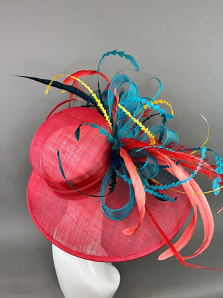 RED WIDE BRIM WITH TEAL BOW AND FEATHERS. - The Hat Hive