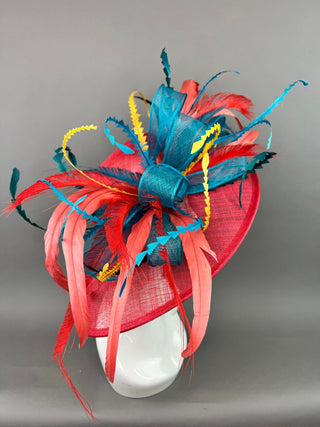 RED WIDE BRIM WITH TEAL BOW AND FEATHERS. - The Hat Hive